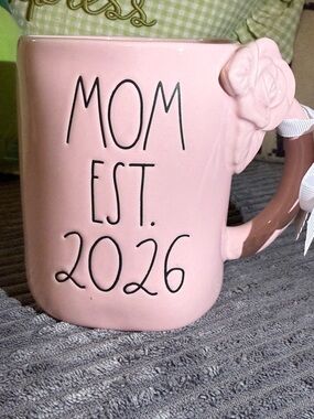 Rae Dunn Pink MOM EST. 2026 Ceramic Mug with Rose Handle